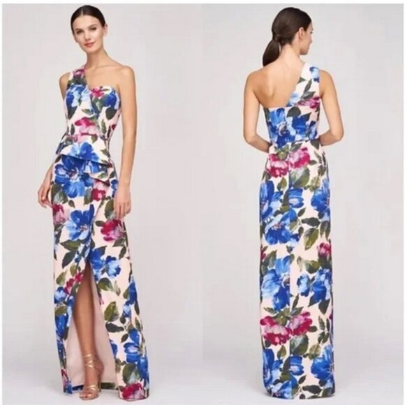 Kay Unger Laurel One Shoulder Floral Beaded Peplum Ruffle Gown